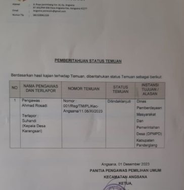 Kades Karangsari Resmi Direkomendasikan ke Bawaslu Kabupaten dan DPMPD Pandeglang